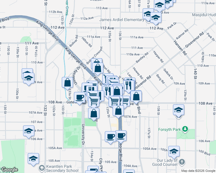map of restaurants, bars, coffee shops, grocery stores, and more near 13525 King George Boulevard in Surrey