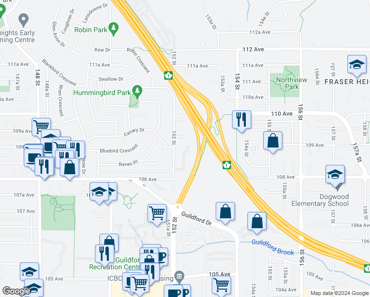 map of restaurants, bars, coffee shops, grocery stores, and more near 10880 152 Street in Surrey