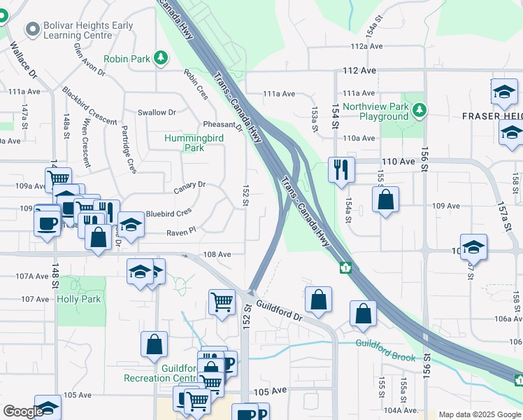 map of restaurants, bars, coffee shops, grocery stores, and more near 10880 152 Street in Surrey