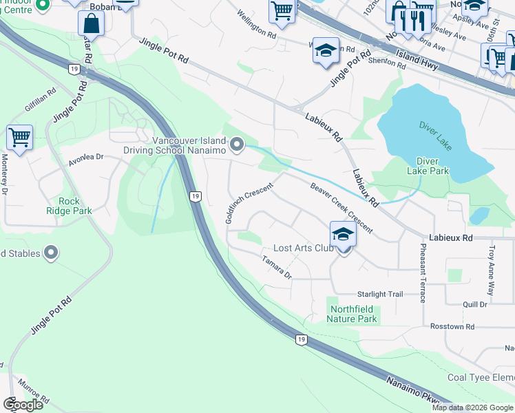 map of restaurants, bars, coffee shops, grocery stores, and more near 2726 Camcrest Drive in Nanaimo