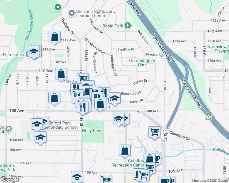 map of restaurants, bars, coffee shops, grocery stores, and more near 14935 Bluebird Crescent in Surrey