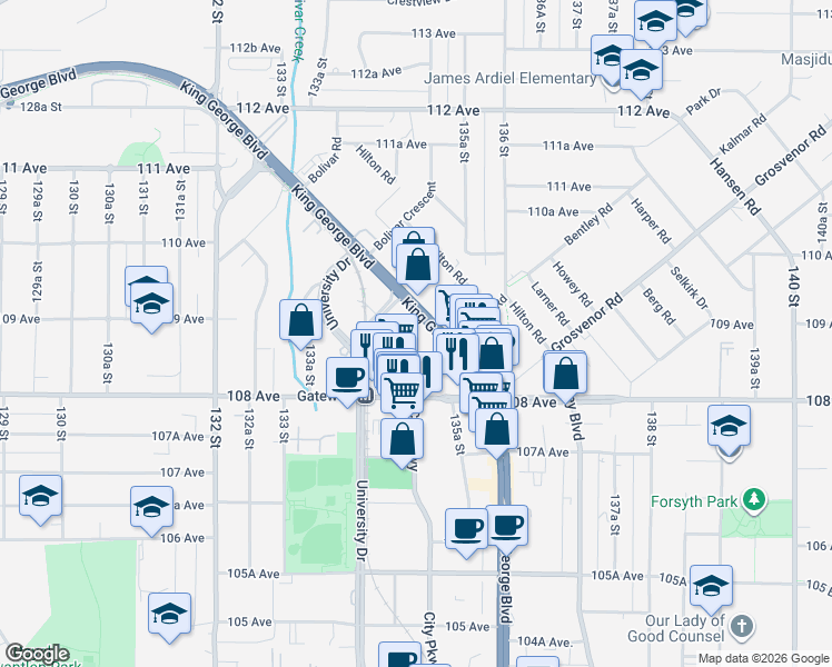 map of restaurants, bars, coffee shops, grocery stores, and more near 10866 City Parkway in Surrey