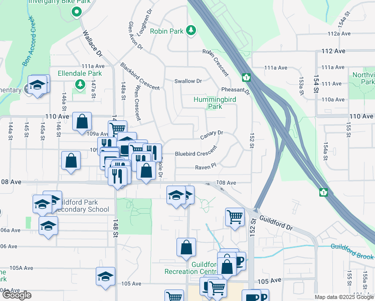 map of restaurants, bars, coffee shops, grocery stores, and more near 14995 Bluebird Crescent in Surrey