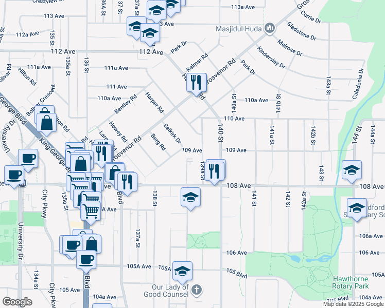 map of restaurants, bars, coffee shops, grocery stores, and more near 13920 109 Avenue in Surrey