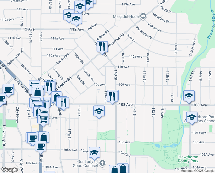 map of restaurants, bars, coffee shops, grocery stores, and more near 10892 139A Street in Surrey