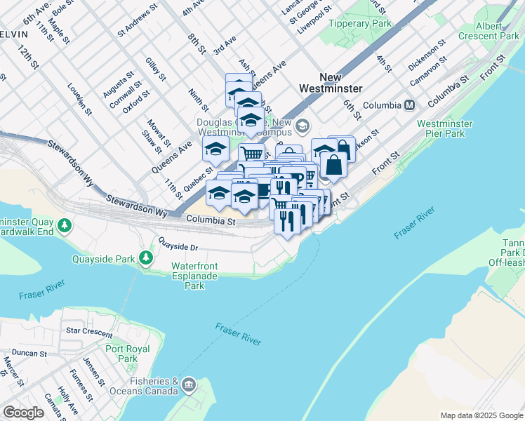map of restaurants, bars, coffee shops, grocery stores, and more near 900 Carnarvon Street in New Westminster