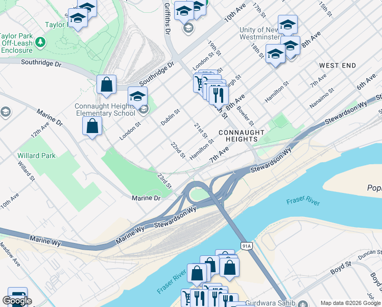 map of restaurants, bars, coffee shops, grocery stores, and more near 2131 Hamilton Street in New Westminster