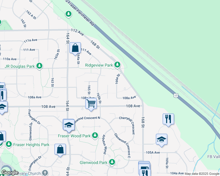 map of restaurants, bars, coffee shops, grocery stores, and more near 10872 166 Street in Surrey
