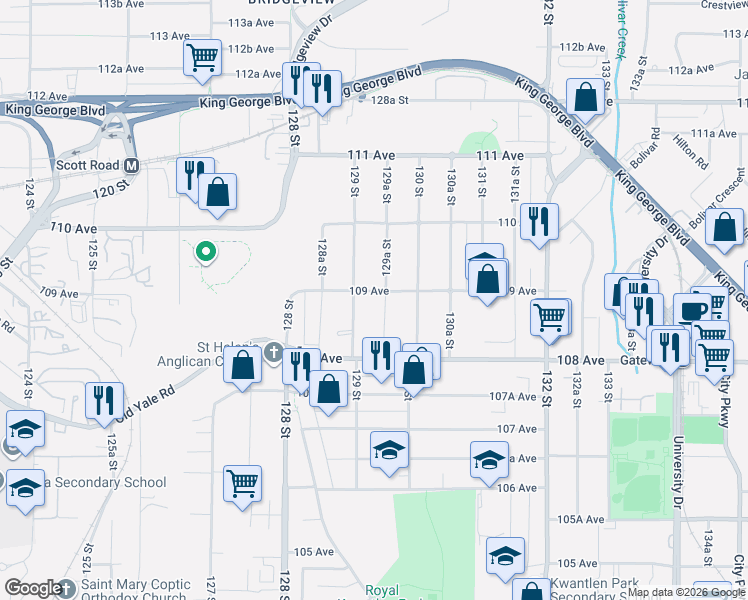 map of restaurants, bars, coffee shops, grocery stores, and more near 12930 109 Avenue in Surrey