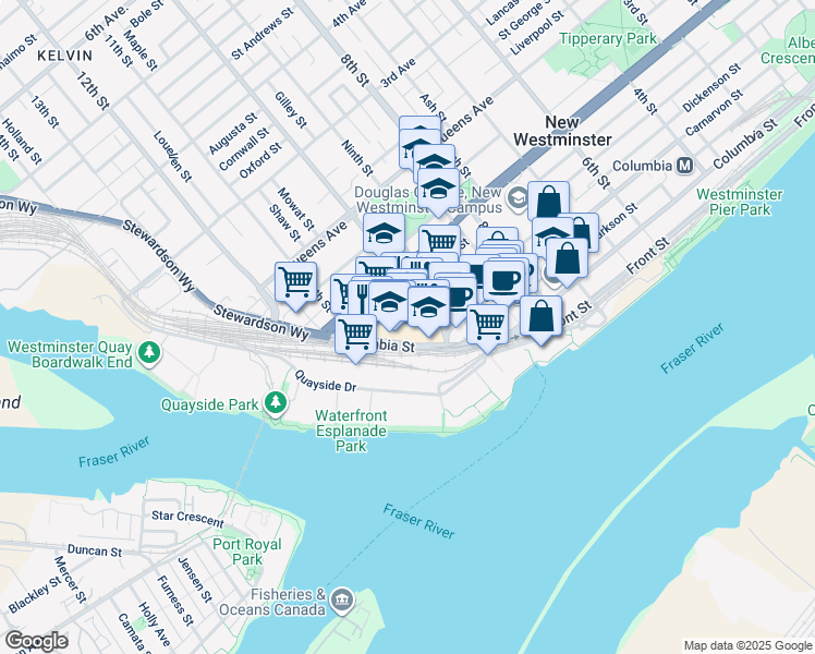 map of restaurants, bars, coffee shops, grocery stores, and more near 1005 Columbia Street in New Westminster