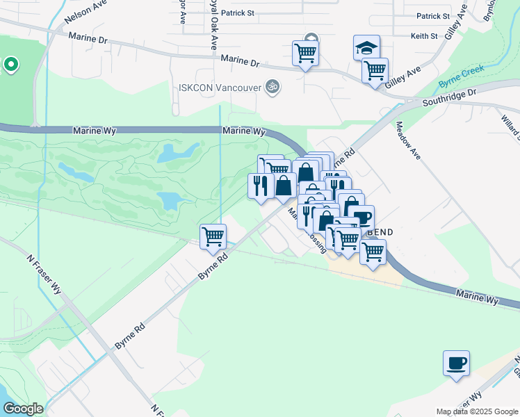 map of restaurants, bars, coffee shops, grocery stores, and more near 5489 Byrne Road in Burnaby