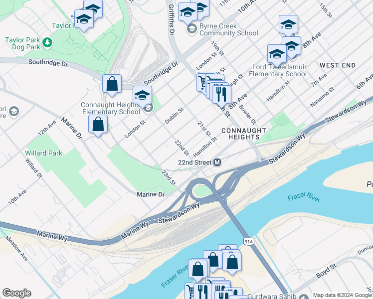 map of restaurants, bars, coffee shops, grocery stores, and more near 2142 8th Avenue in New Westminster