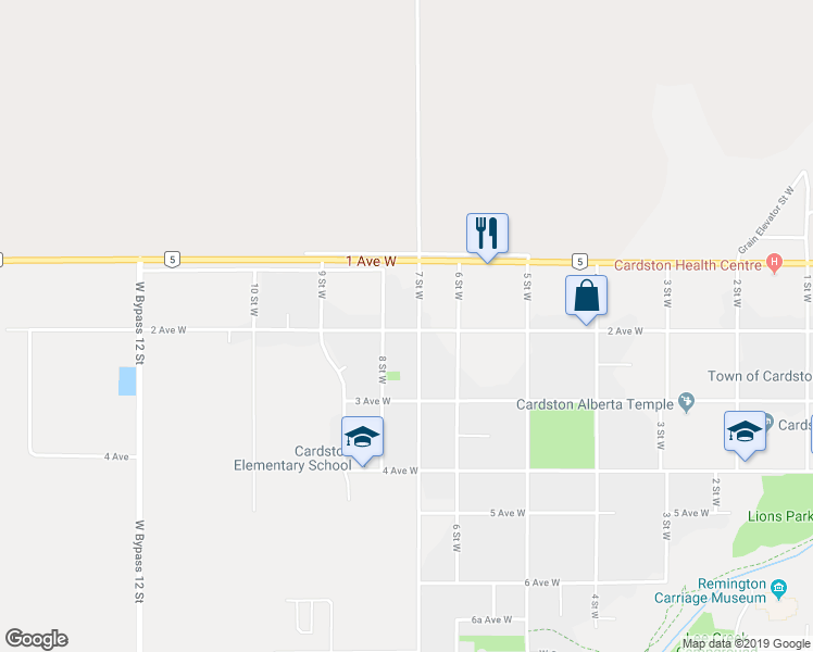 map of restaurants, bars, coffee shops, grocery stores, and more near 221 7 Street West in Cardston