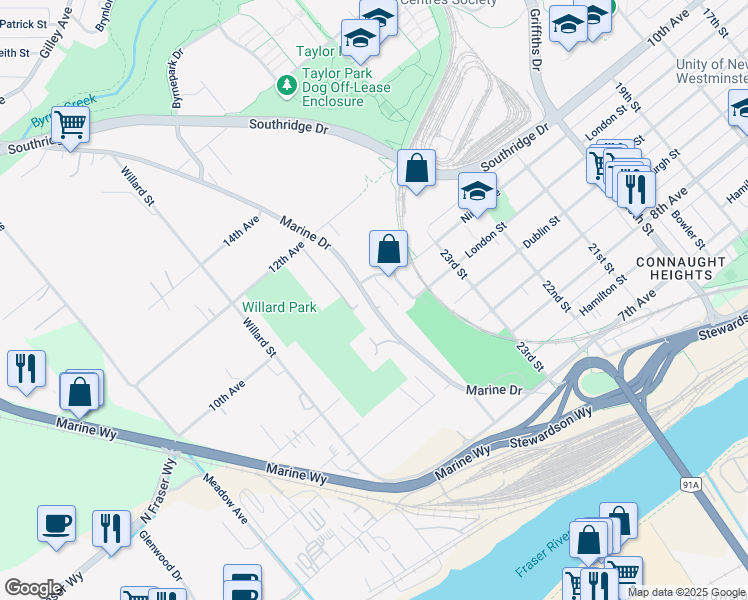 map of restaurants, bars, coffee shops, grocery stores, and more near 6383 Marine Drive in Burnaby