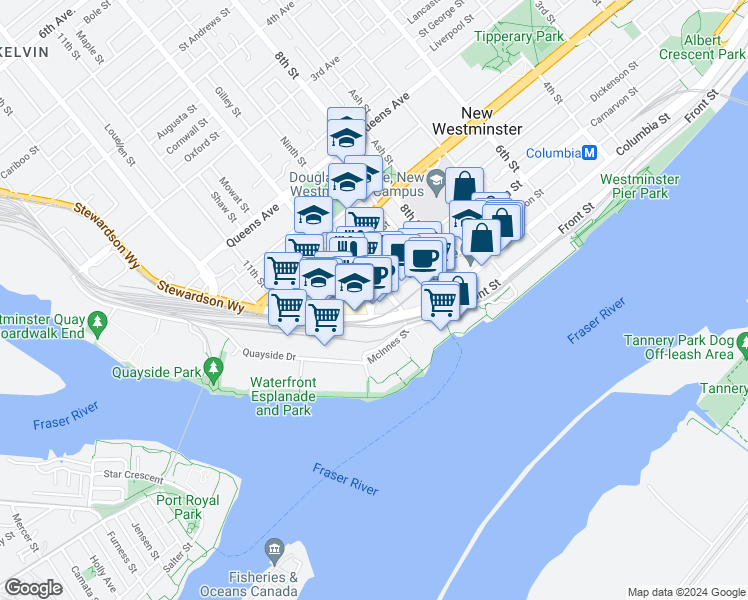 map of restaurants, bars, coffee shops, grocery stores, and more near 900 Carnarvon Street in New Westminster