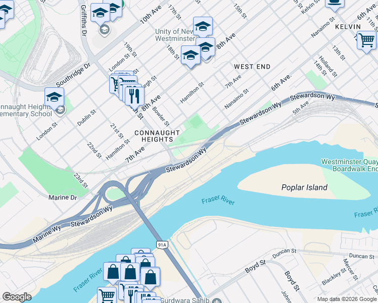 map of restaurants, bars, coffee shops, grocery stores, and more near in New Westminster