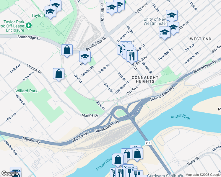 map of restaurants, bars, coffee shops, grocery stores, and more near 2142 8th Avenue in New Westminster