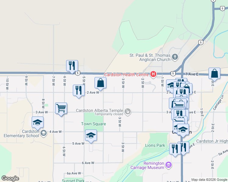 map of restaurants, bars, coffee shops, grocery stores, and more near 363 2A Avenue West in Cardston