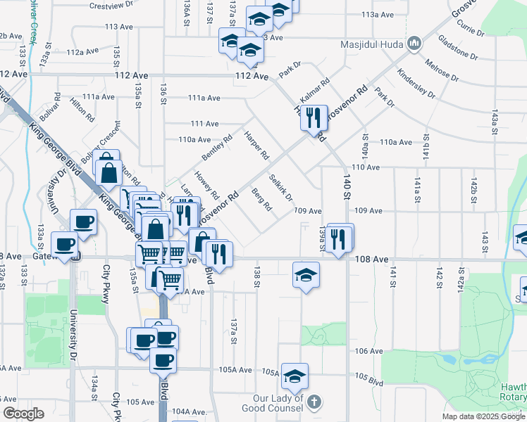 map of restaurants, bars, coffee shops, grocery stores, and more near 13824 Berg Road in Surrey