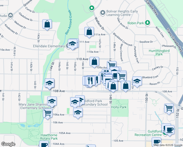 map of restaurants, bars, coffee shops, grocery stores, and more near 14663 109 Avenue in Surrey
