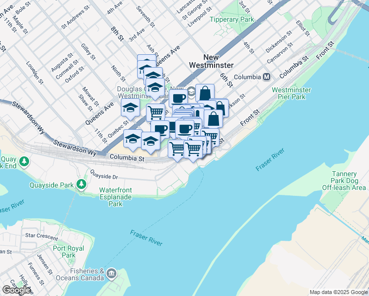 map of restaurants, bars, coffee shops, grocery stores, and more near 34 Eighth Street in New Westminster