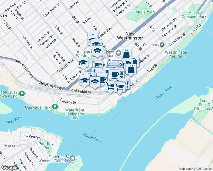 map of restaurants, bars, coffee shops, grocery stores, and more near 898 Carnarvon Street in New Westminster