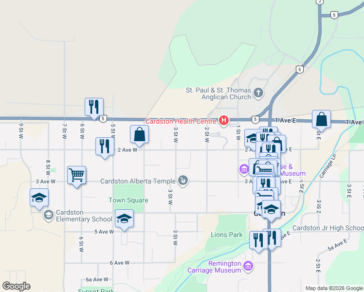 map of restaurants, bars, coffee shops, grocery stores, and more near 145 3 Street West in Cardston