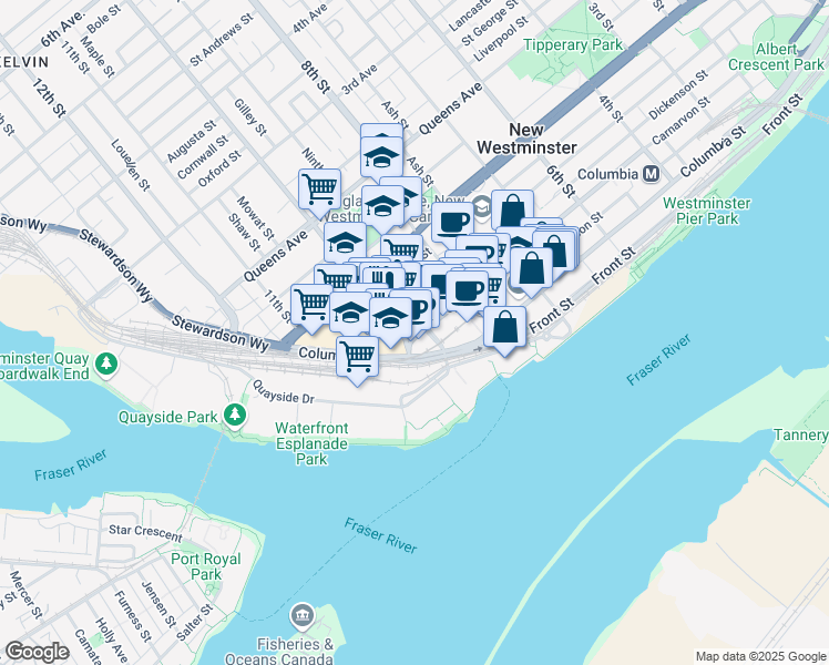 map of restaurants, bars, coffee shops, grocery stores, and more near 1003 Carnarvon Street in New Westminster
