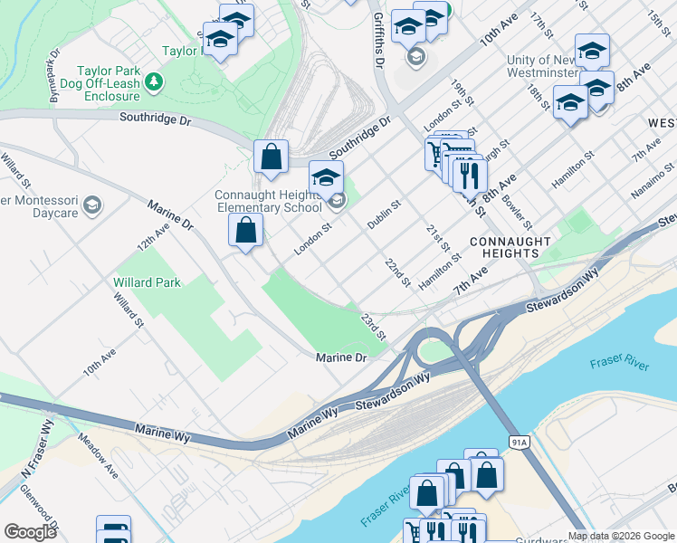 map of restaurants, bars, coffee shops, grocery stores, and more near 2235 Edinburgh Street in New Westminster