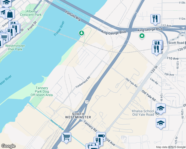 map of restaurants, bars, coffee shops, grocery stores, and more near 10912 Timberland Road in Surrey