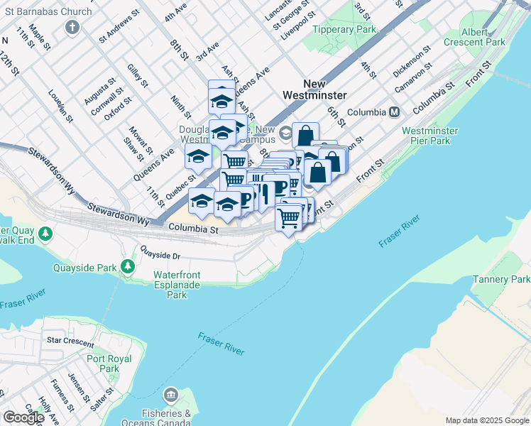 map of restaurants, bars, coffee shops, grocery stores, and more near in New Westminster