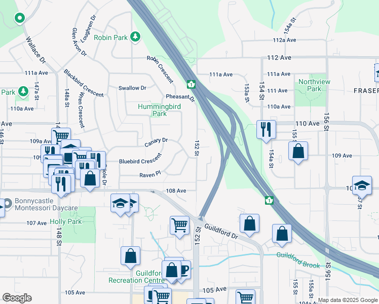 map of restaurants, bars, coffee shops, grocery stores, and more near 15173 Canary Drive in Surrey