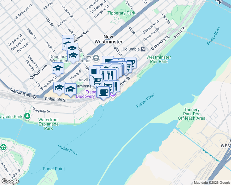 map of restaurants, bars, coffee shops, grocery stores, and more near 680 Quayside Drive in New Westminster