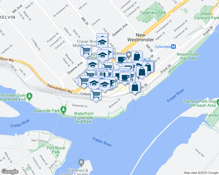 map of restaurants, bars, coffee shops, grocery stores, and more near 55 10th Street in New Westminster