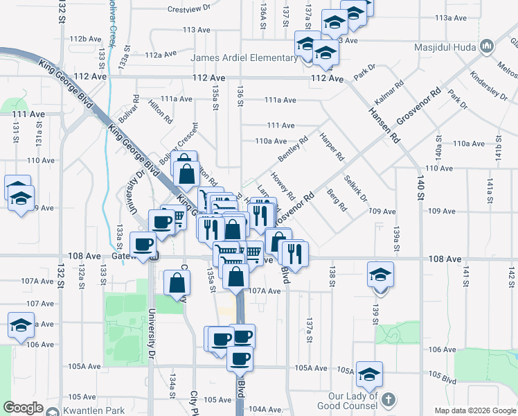 map of restaurants, bars, coffee shops, grocery stores, and more near 13627 Hilton Road in Surrey