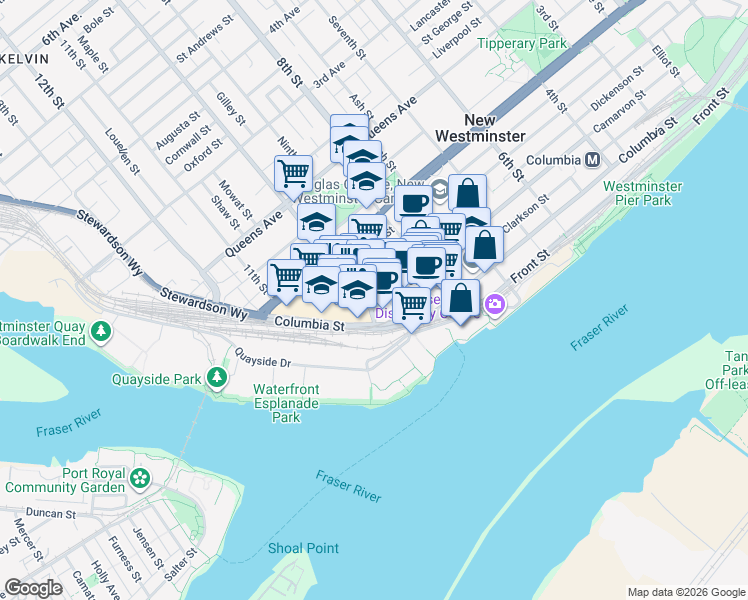 map of restaurants, bars, coffee shops, grocery stores, and more near 989 Carnarvon Street in New Westminster