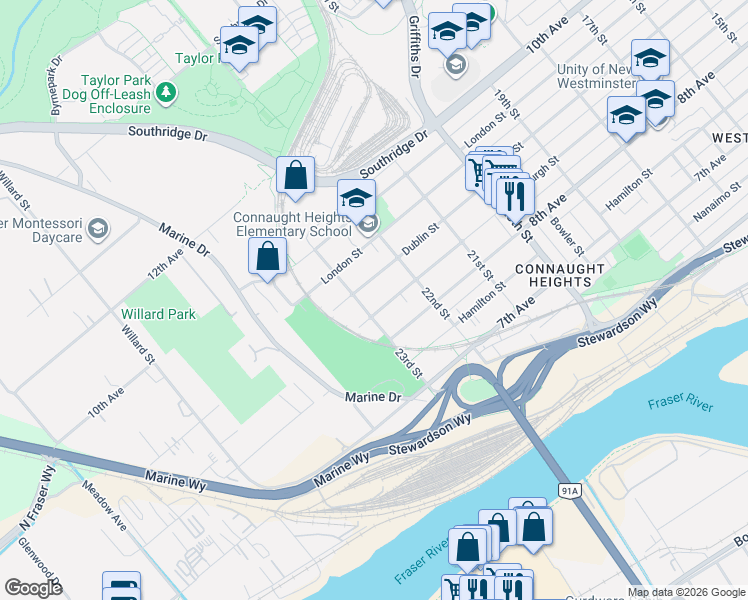 map of restaurants, bars, coffee shops, grocery stores, and more near 2225 Dublin Street in New Westminster