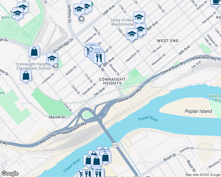 map of restaurants, bars, coffee shops, grocery stores, and more near 2003 7th Avenue in New Westminster