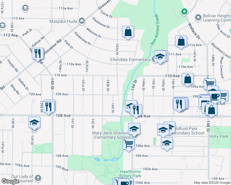 map of restaurants, bars, coffee shops, grocery stores, and more near 10911 143A Street in Surrey