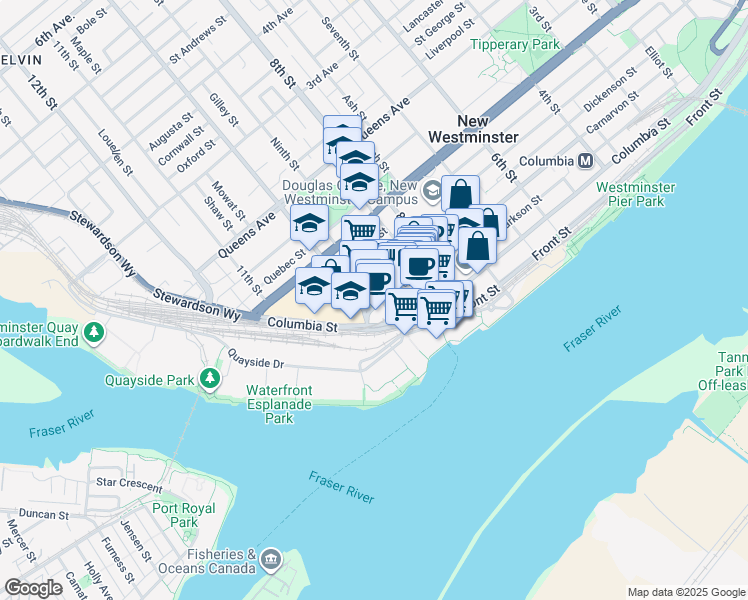 map of restaurants, bars, coffee shops, grocery stores, and more near 989 Carnarvon Street in New Westminster