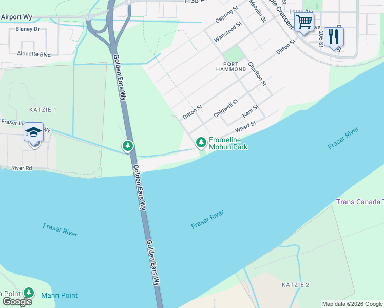 map of restaurants, bars, coffee shops, grocery stores, and more near 20174 Wharf Street in Maple Ridge