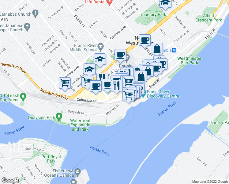 map of restaurants, bars, coffee shops, grocery stores, and more near in New Westminster