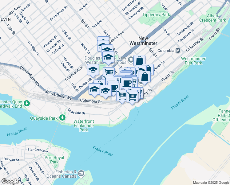 map of restaurants, bars, coffee shops, grocery stores, and more near 889 Carnarvon Street in New Westminster