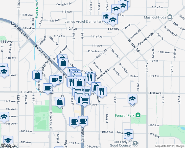 map of restaurants, bars, coffee shops, grocery stores, and more near 13668 Larner Road in Surrey