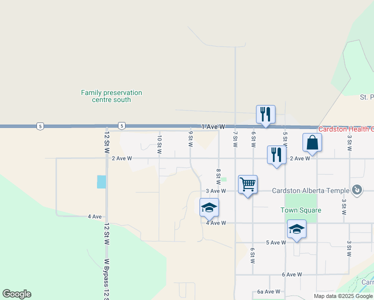 map of restaurants, bars, coffee shops, grocery stores, and more near 171 9 Street West in Cardston