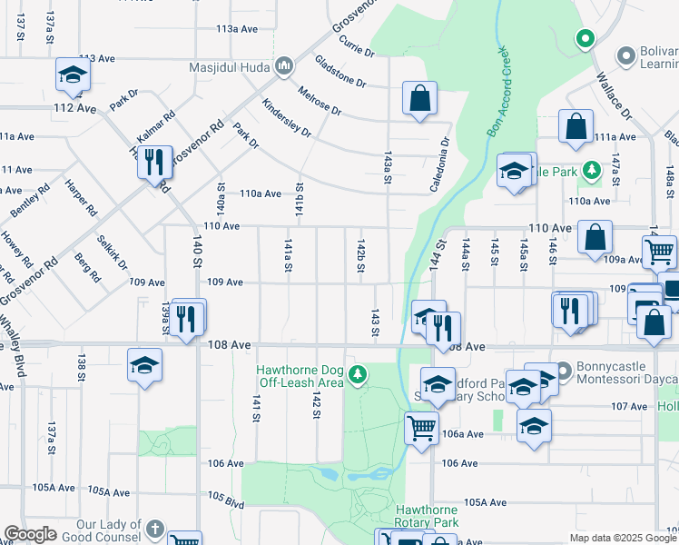 map of restaurants, bars, coffee shops, grocery stores, and more near 10921 142A Street in Surrey