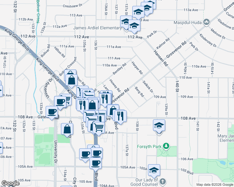 map of restaurants, bars, coffee shops, grocery stores, and more near 13703 Grosvenor Road in Surrey