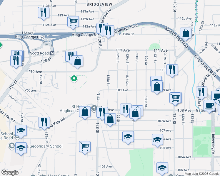 map of restaurants, bars, coffee shops, grocery stores, and more near 10910 128A Street in Surrey