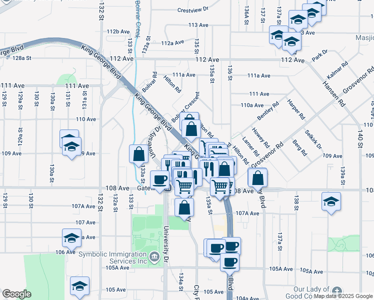map of restaurants, bars, coffee shops, grocery stores, and more near 13468 King George Boulevard in Surrey