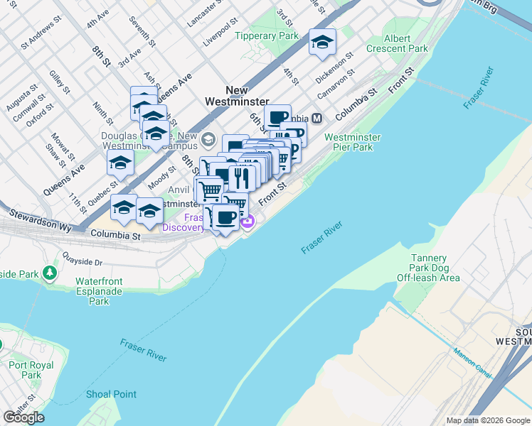 map of restaurants, bars, coffee shops, grocery stores, and more near 680 Quayside Drive in New Westminster